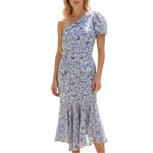 ASTR The Label SANTORINI Chiffon Blue Floral Puffy One Shoulder MIDI Dress Sz L
